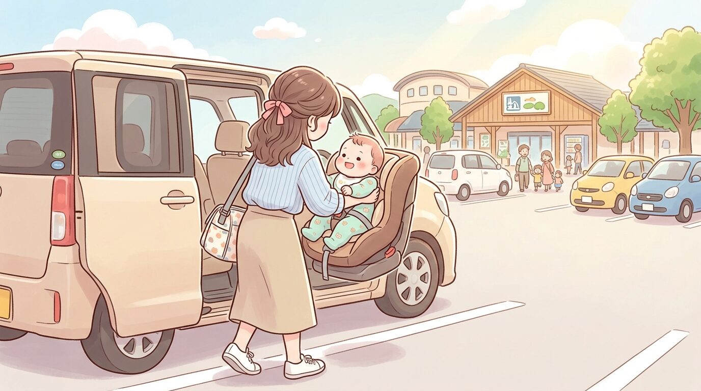 道の駅の駐車場でチャイルドシートから赤ちゃんを抱き上げる母親の後ろ姿、明るい昼下がりの光