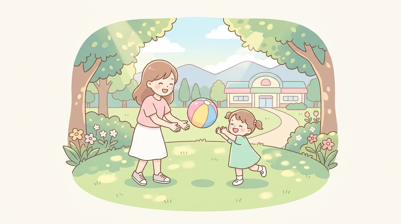 道の駅の芝生広場で親子が一緒にボール遊びをしている様子、木漏れ日が差す穏やかな午後
