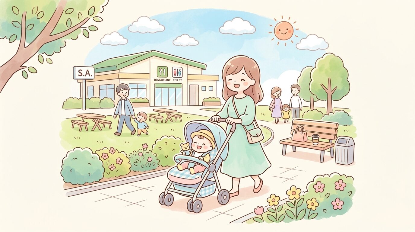 高速道路のサービスエリアで親子がベビーカーを押しながら休憩する様子、明るい昼間の屋外
