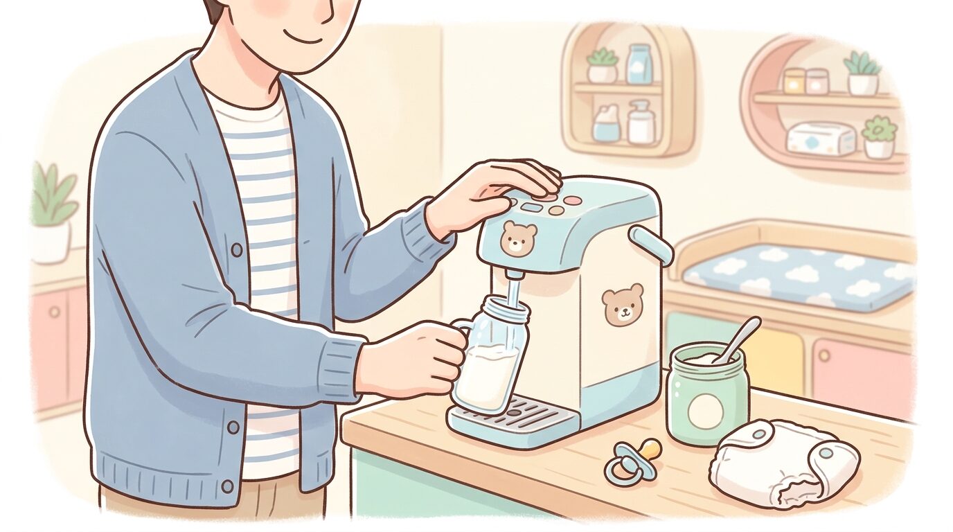サービスエリアのベビーコーナーで調乳用温水器を使ってミルクを準備する父親の手元