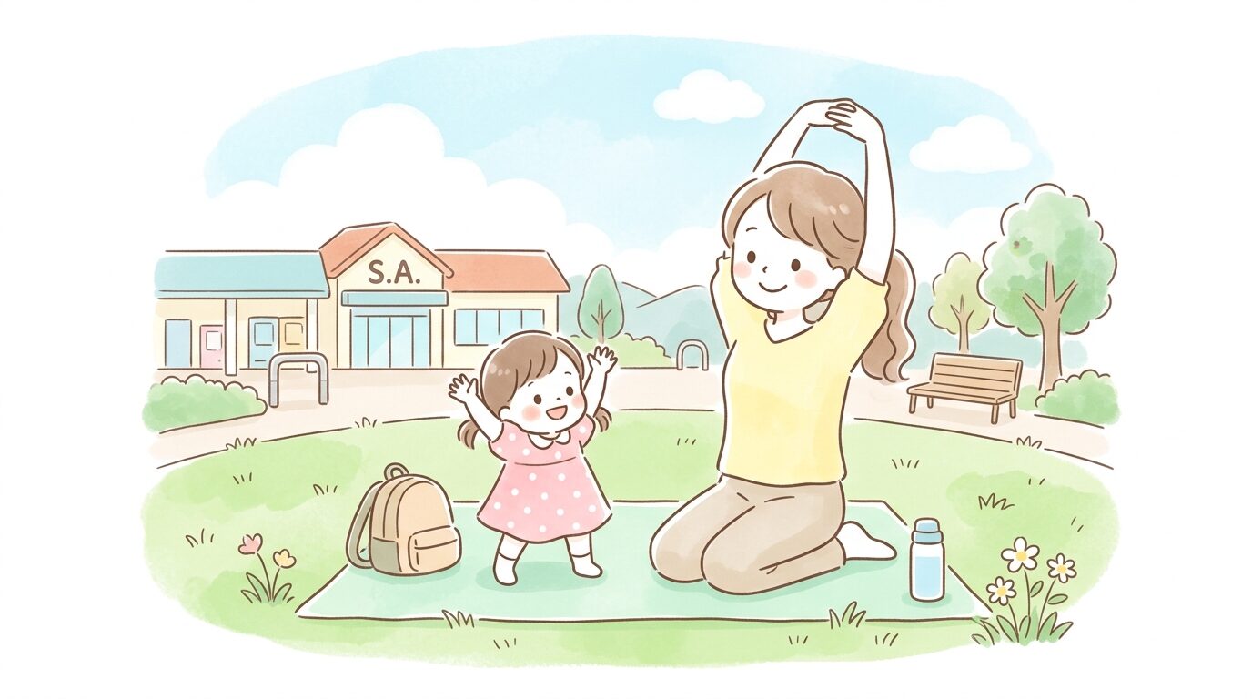 サービスエリアの芝生広場で幼児が親と一緒にストレッチをして体を動かしている場面