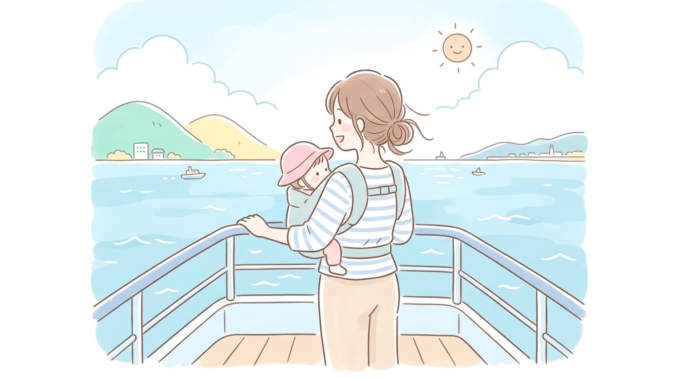 晴れた日の遊覧船デッキで赤ちゃんを抱っこ紐で抱いて景色を見せる母親の後ろ姿