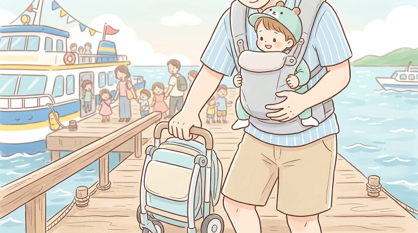 桟橋でベビーカーを折りたたみながら幼児を抱っこ紐に装着する父親の手元