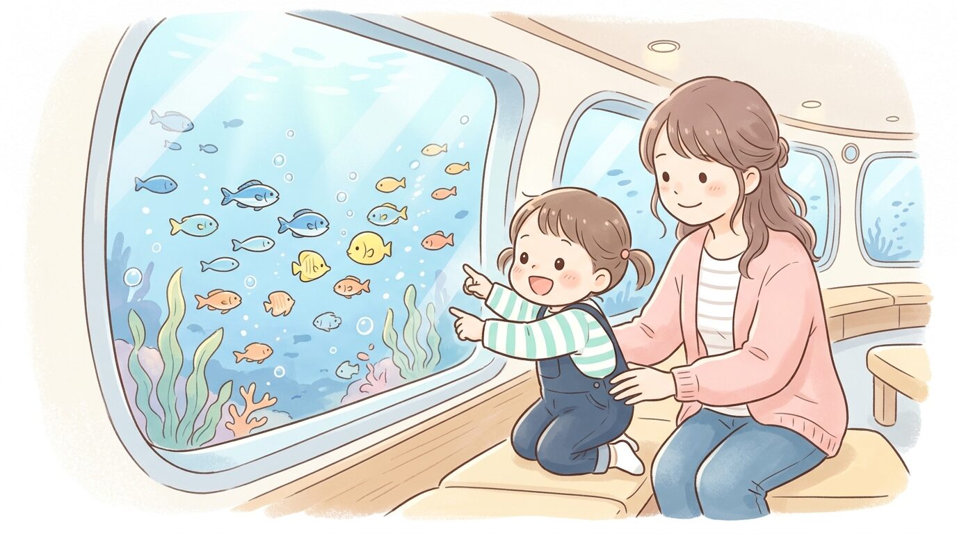 海中展望室で水中の魚を見て目を輝かせる2歳くらいの子どもと隣に座る母親