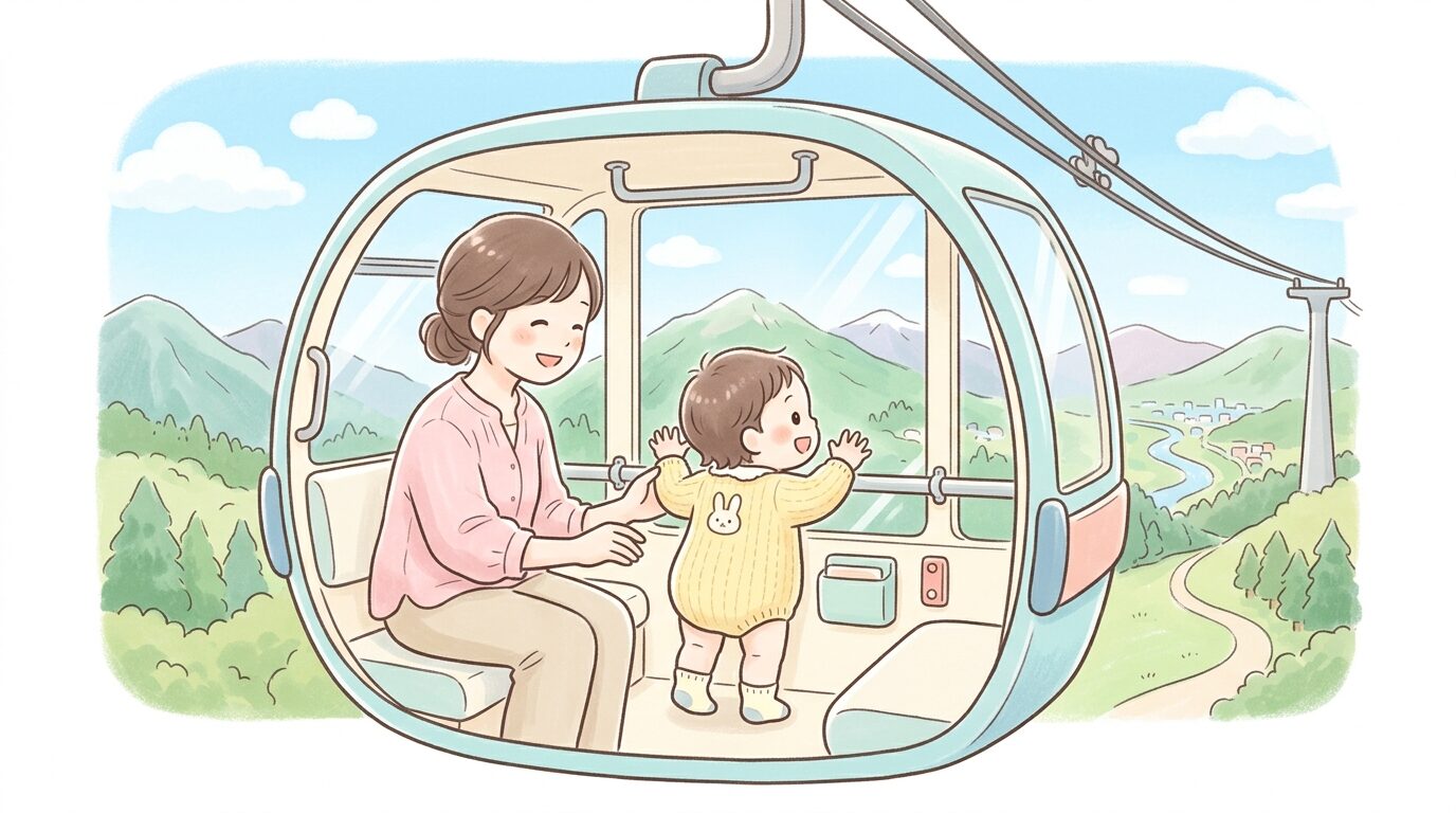 ロープウェイのゴンドラの中で外の景色を見つめる1歳児と、その様子を優しく見守る母親