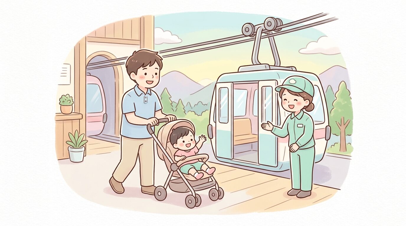 ロープウェイの発着駅で係員の案内を受けながらベビーカーを押す父親と小さな子ども