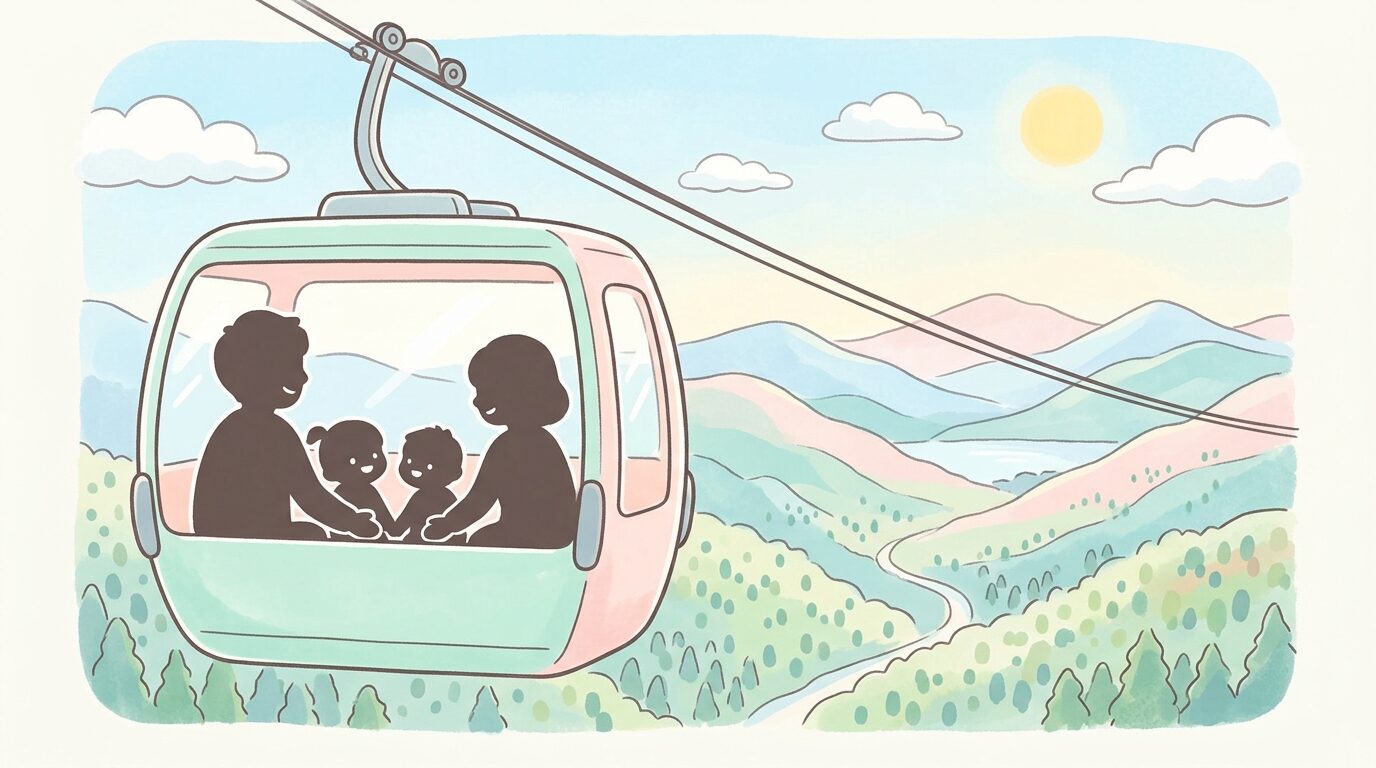 箱根の山々を背景に、ロープウェイのゴンドラから景色を眺める家族連れのシルエット