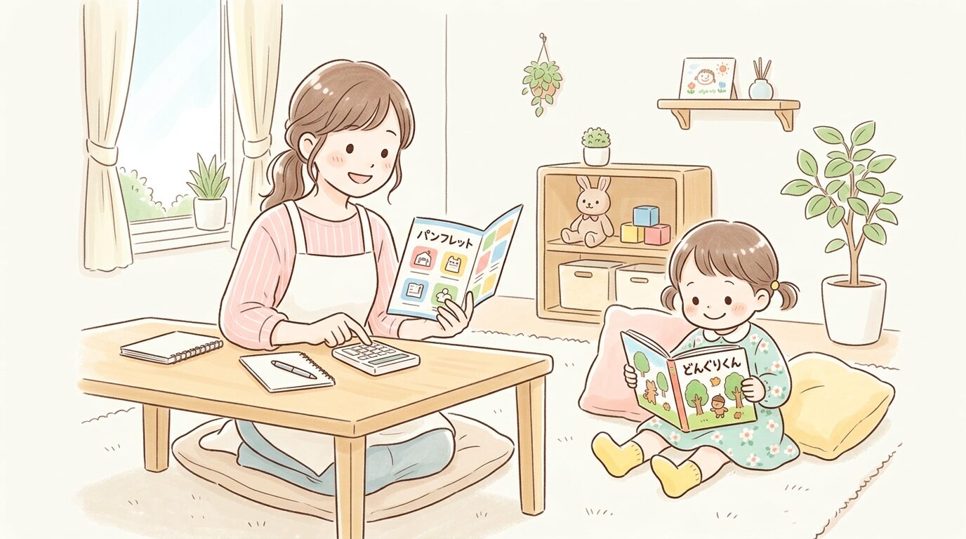 明るいリビングで幼稚園の入園案内パンフレットを見ながら電卓を使う母親と、そばで絵本を読む3歳くらいの子ども