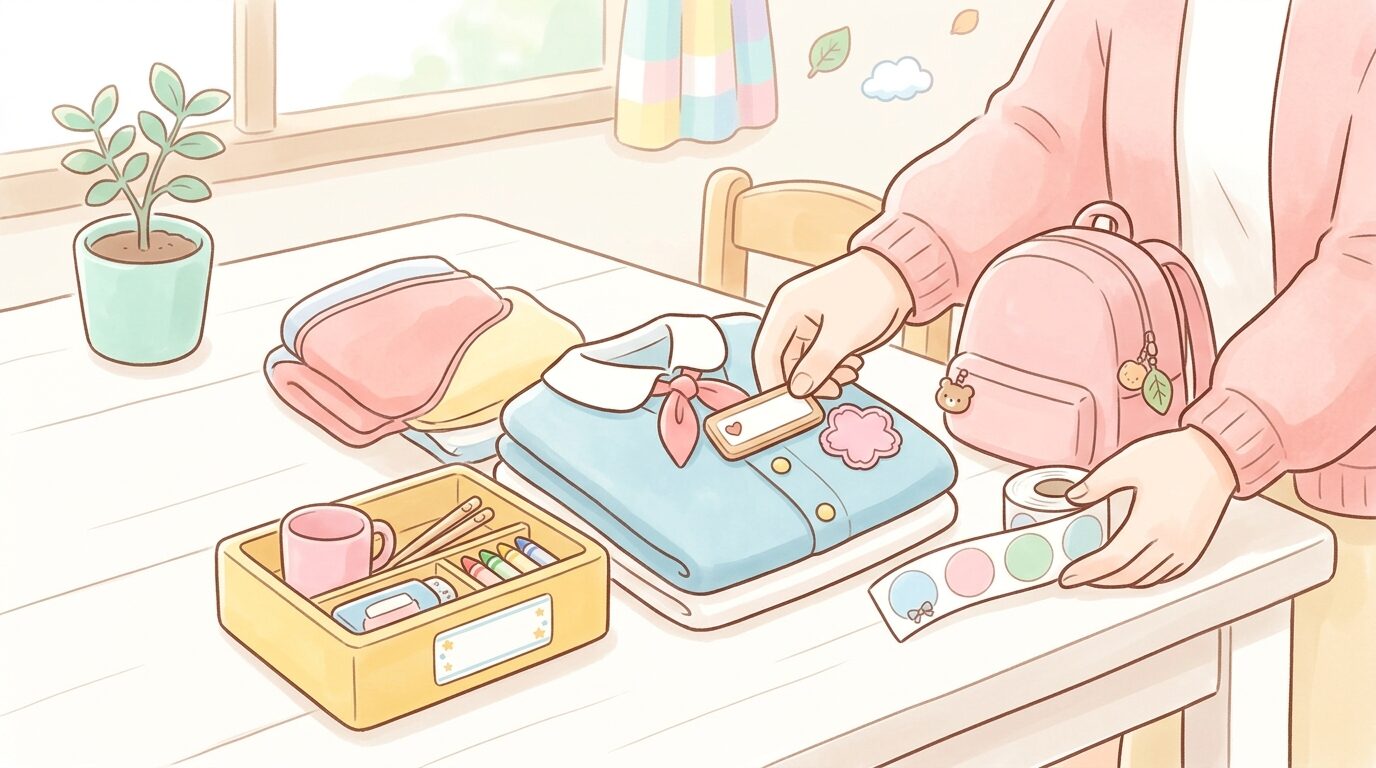 子ども用の小さな制服やお道具箱、名前シールなどが並んだテーブルを準備する親の手元