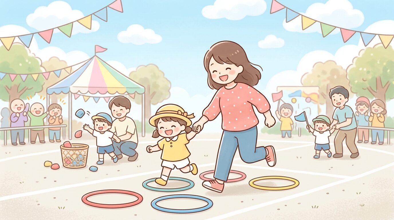 幼稚園の運動会で親子が一緒に楽しそうに参加している様子、青空の下の園庭