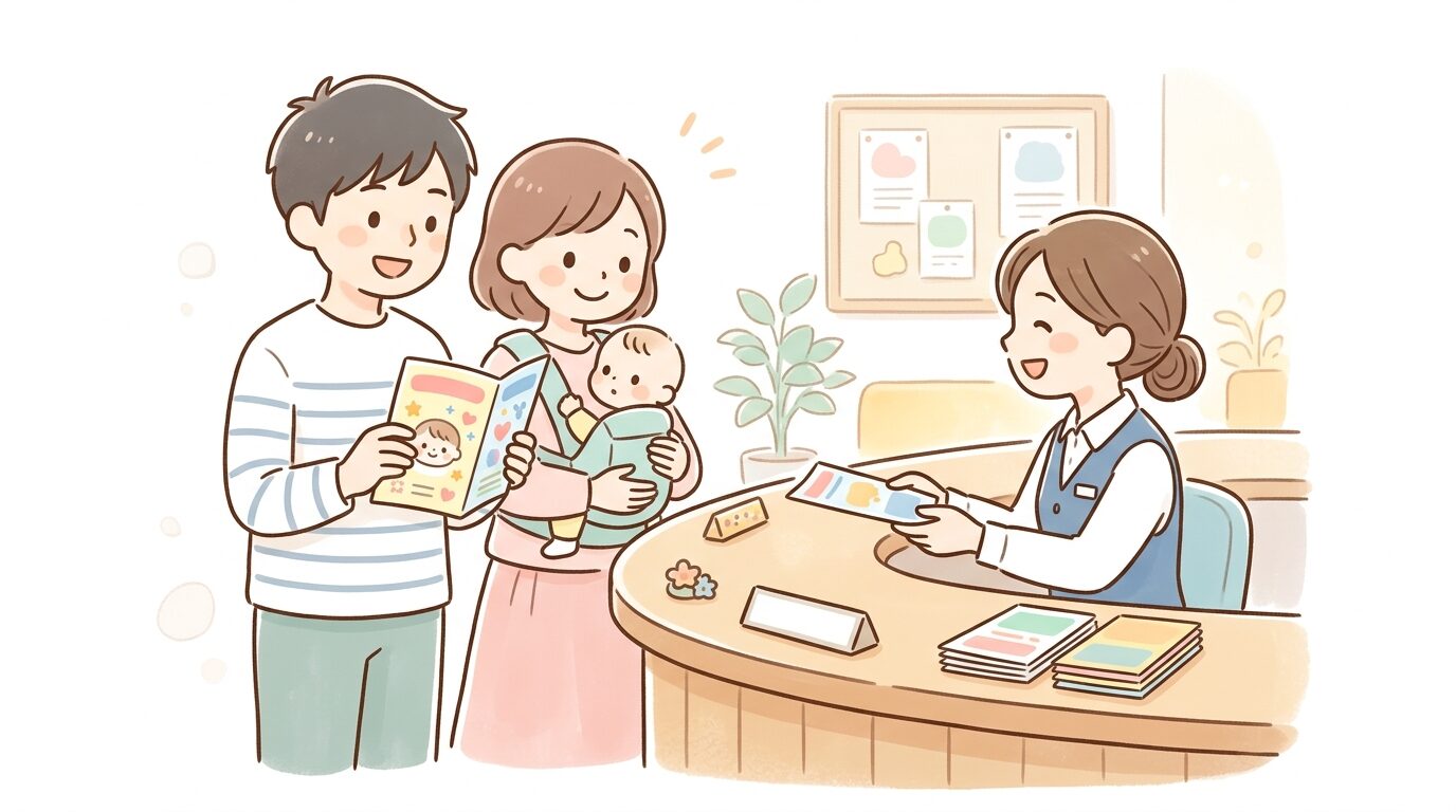 市役所の子育て支援窓口で保育料無償化のパンフレットを手にする夫婦、窓口カウンターに笑顔の職員