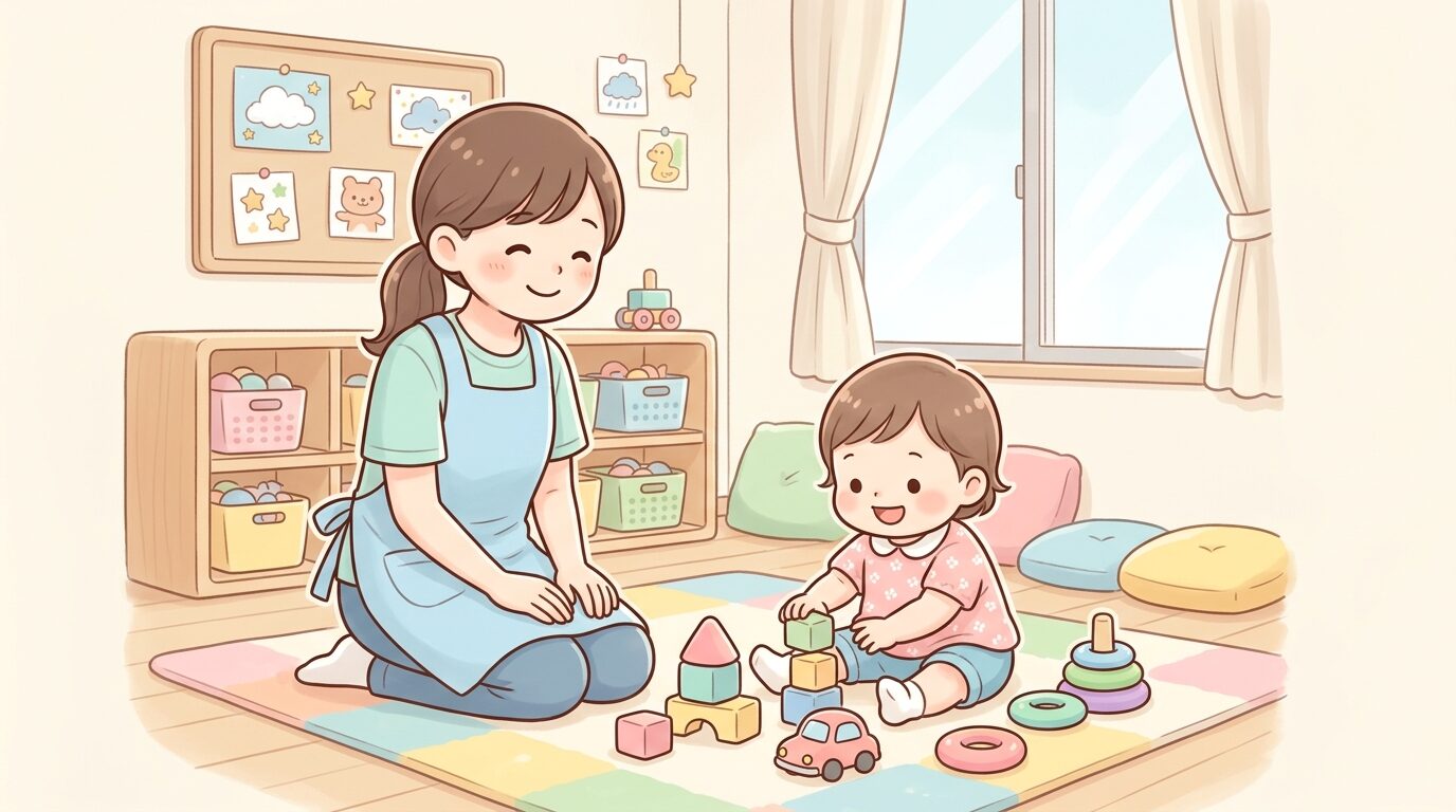 保育園の教室で色とりどりのおもちゃで遊ぶ1歳児と、その様子を優しく見守る保育士の女性
