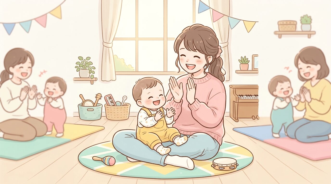 明るいスタジオで親子リトミックを楽しむ赤ちゃんと母親、笑顔で手遊びをしている様子