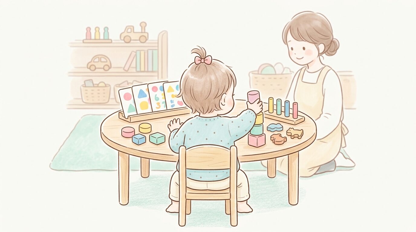 木製の知育玩具やカラフルなカードが並ぶテーブルで、幼児教室のレッスンを受ける2歳児の後ろ姿