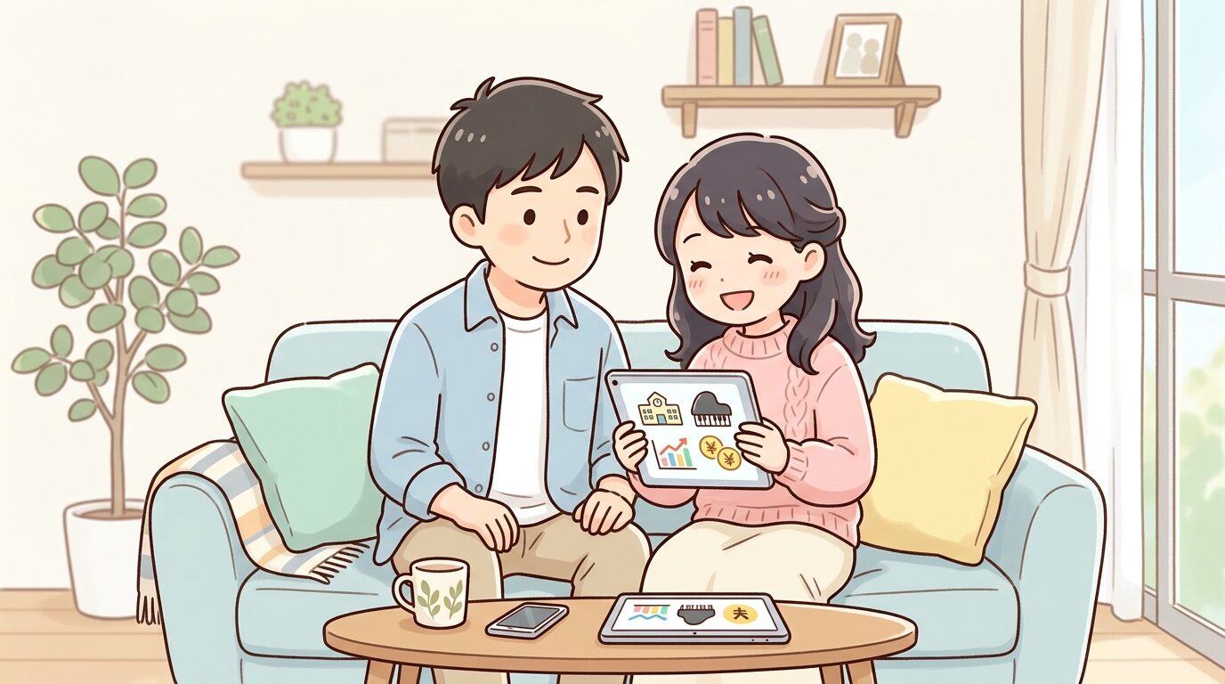 リビングで家計簿アプリを見ながら習い事の予算を相談する20代後半の夫婦