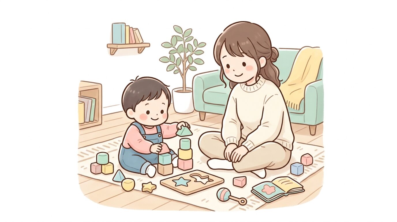 リビングの床でカラフルな積み木やパズルを使って遊ぶ1歳児と、隣で見守る母親の温かい様子