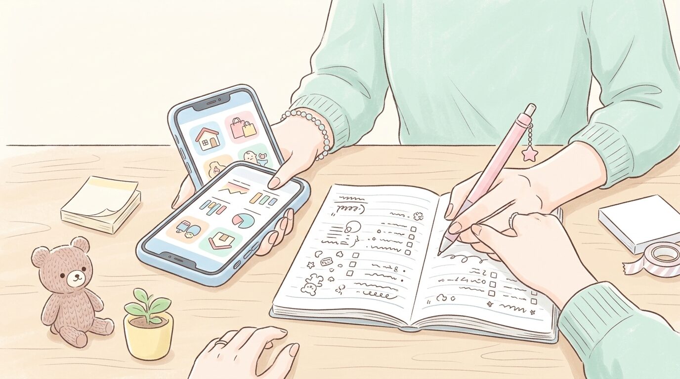 スマートフォンの家計簿アプリで子ども費用を確認しながらメモを取る20代後半の母親の手元