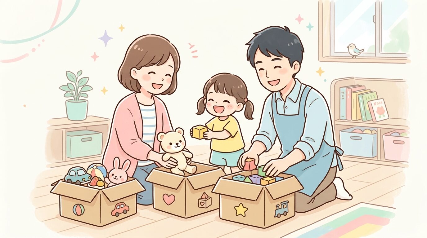 段ボール箱に子どものおもちゃを親子で一緒に分類して詰めている笑顔の家族の様子