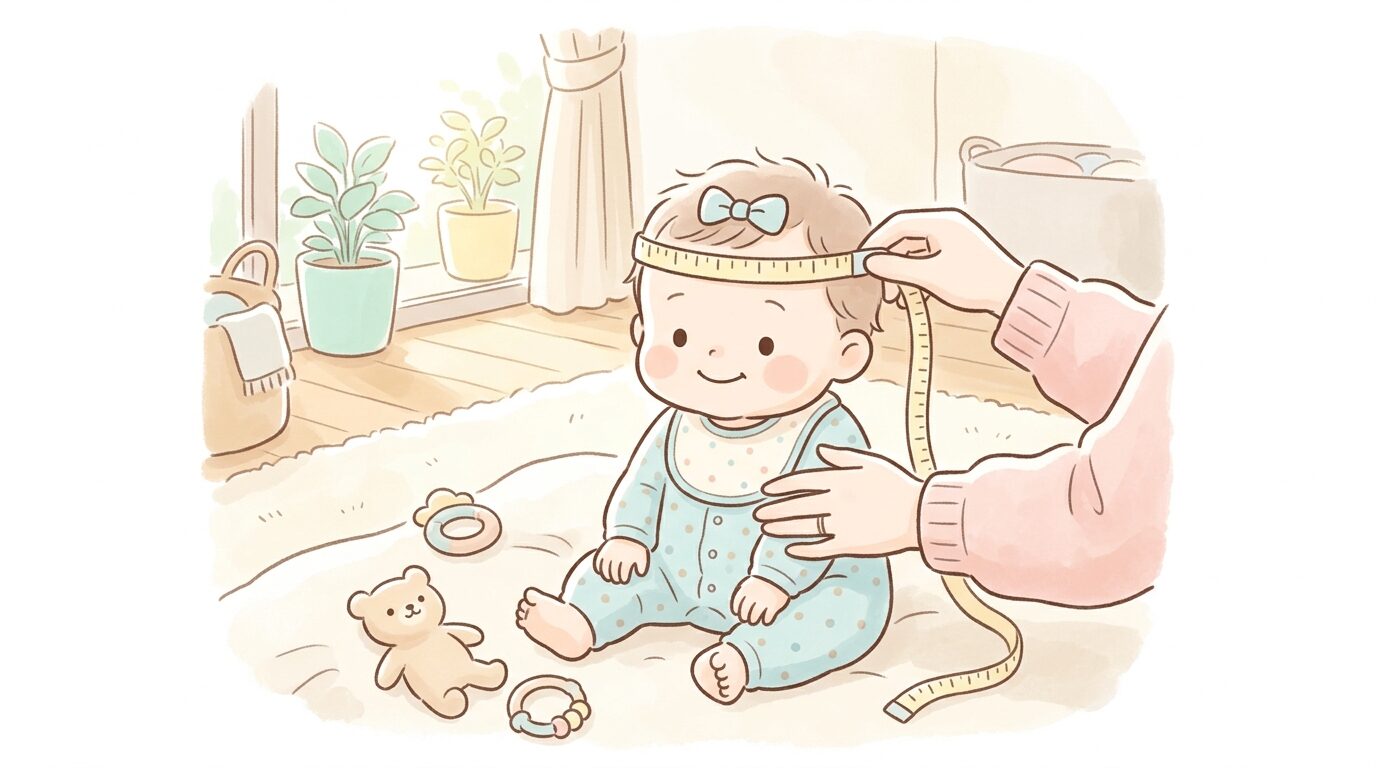 メジャーで赤ちゃんの頭囲を優しく測る母親の手元、リビングで自然光が入る温かい雰囲気