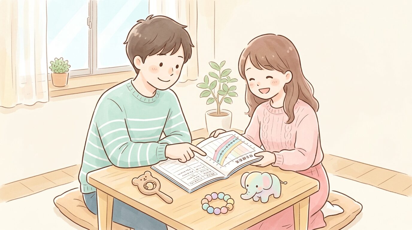 成長曲線のグラフが描かれた母子健康手帳を広げて確認する両親、テーブルの上に赤ちゃんのおもちゃ