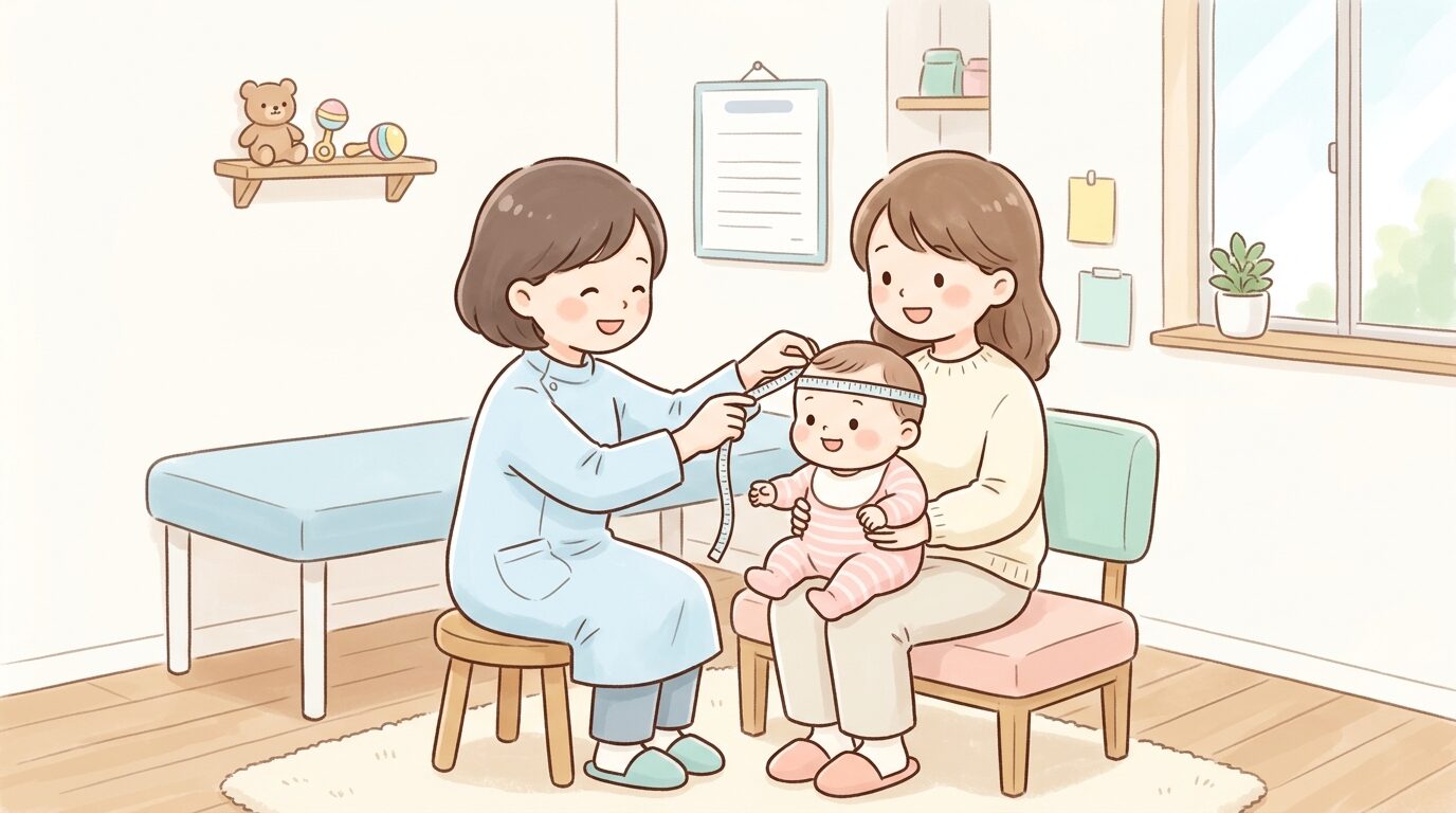 小児科の診察室で医師が赤ちゃんの頭囲を確認しながら母親に説明している様子