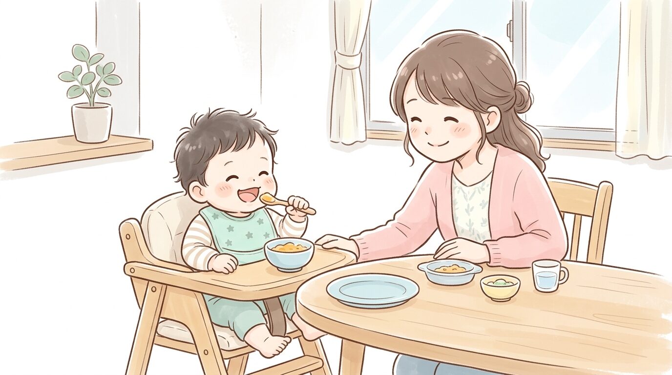 明るいダイニングでベビーチェアに座り、笑顔で離乳食を食べる赤ちゃんとそれを見守る母親