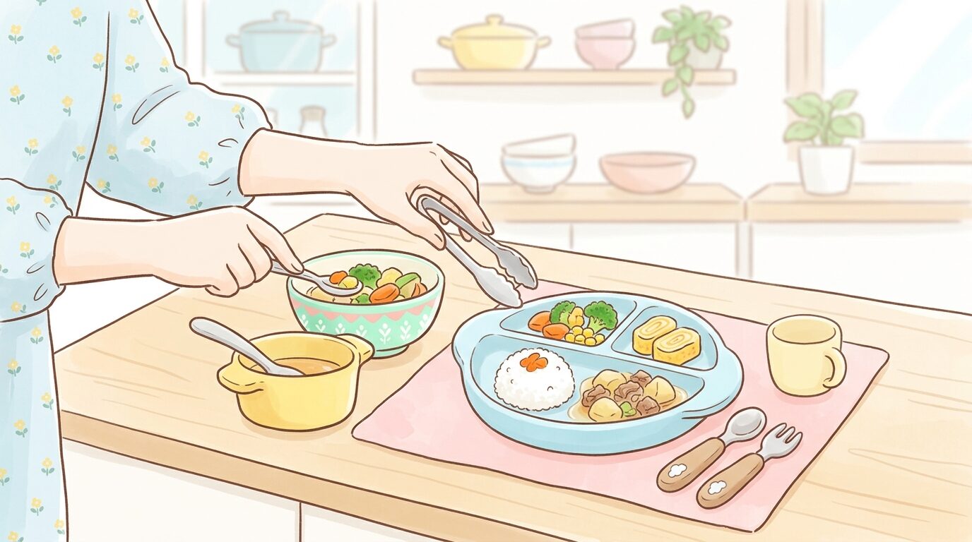 キッチンで小さな子ども用のお皿に取り分けたごはん・おかず・野菜を盛り付ける手元