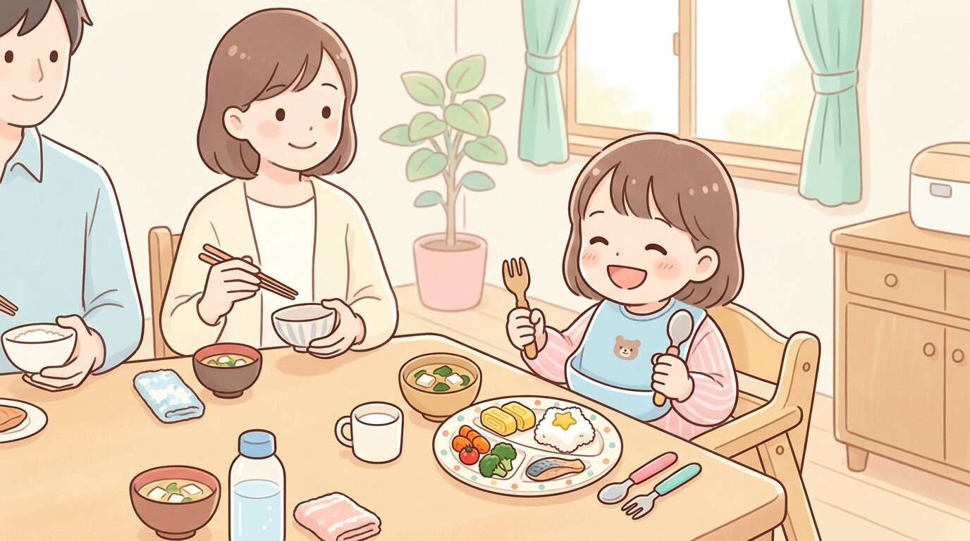 家族の食卓で色とりどりの幼児食を前に、フォークを持って笑顔で座る3歳児