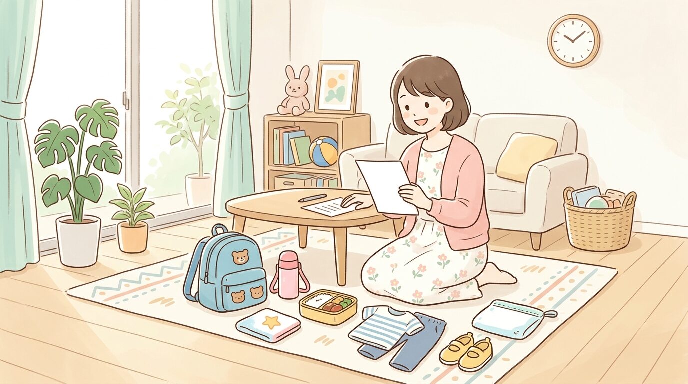 リビングで保育園の持ち物リストを見ながら子ども用品を並べる若い母親、明るい自然光の入る部屋
