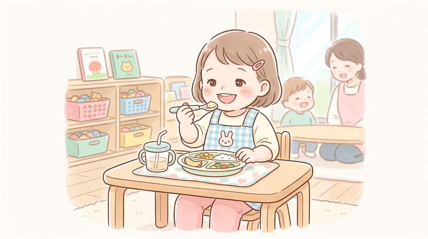 保育園の教室でエプロンをつけて自分で食事をしようとする2歳児の女の子、笑顔で楽しそうな様子