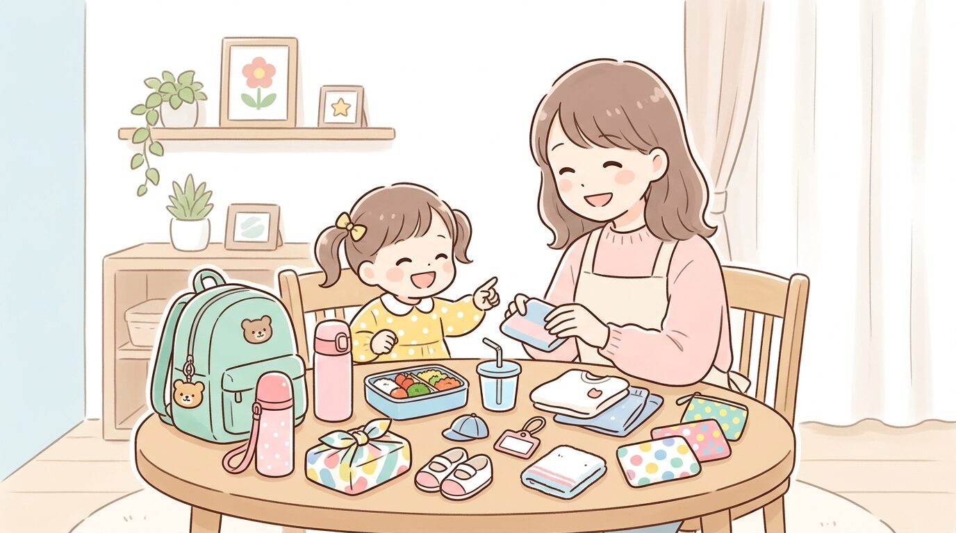 リビングのテーブルに幼稚園の入園準備グッズを並べて確認する母親と幼児