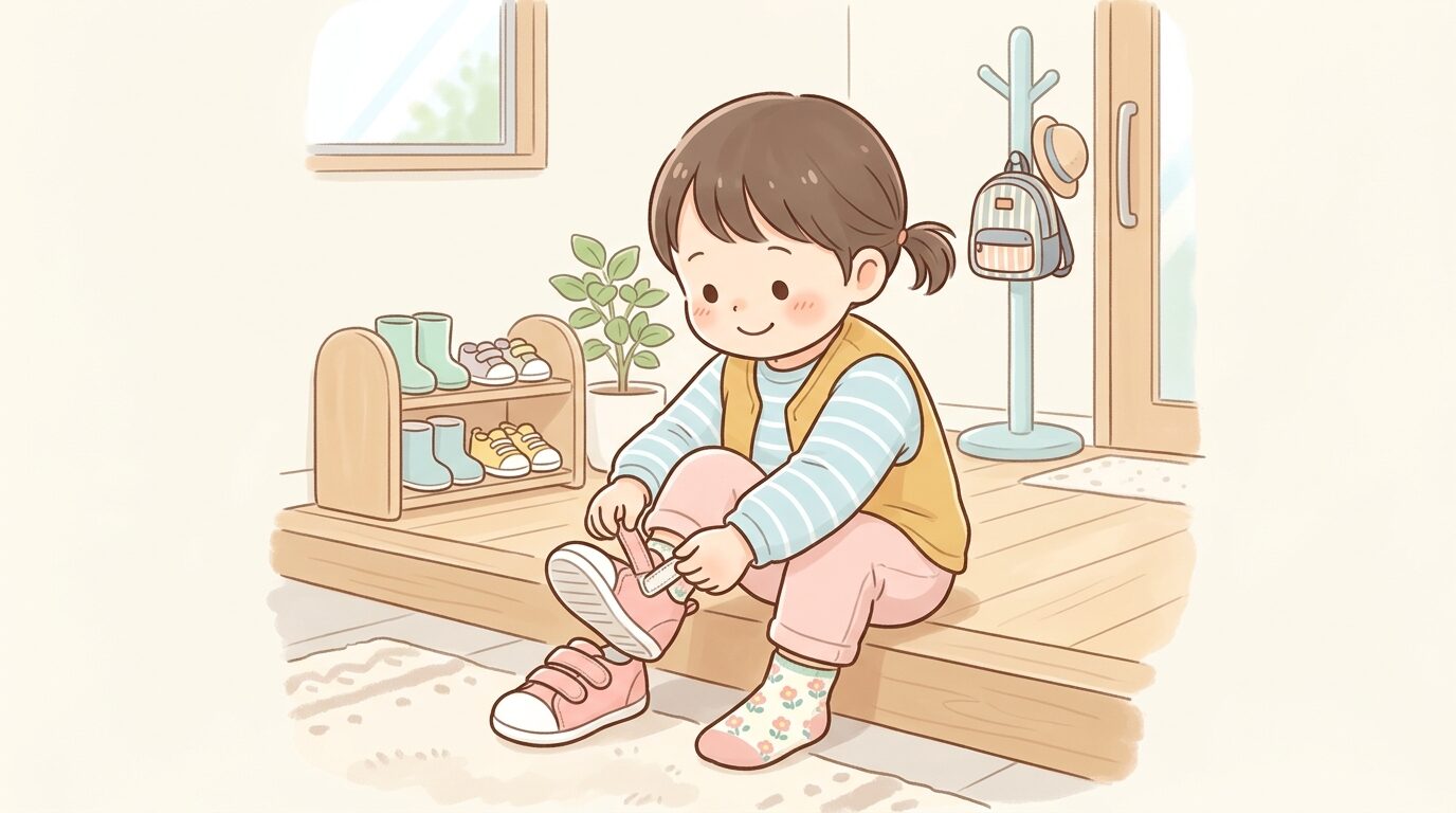 玄関で小さな子どもがマジックテープの靴を自分で履こうとしている様子