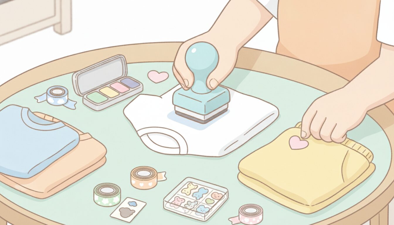テーブルの上でお名前スタンプとシールを使って子供服に名前付けをする親の手元