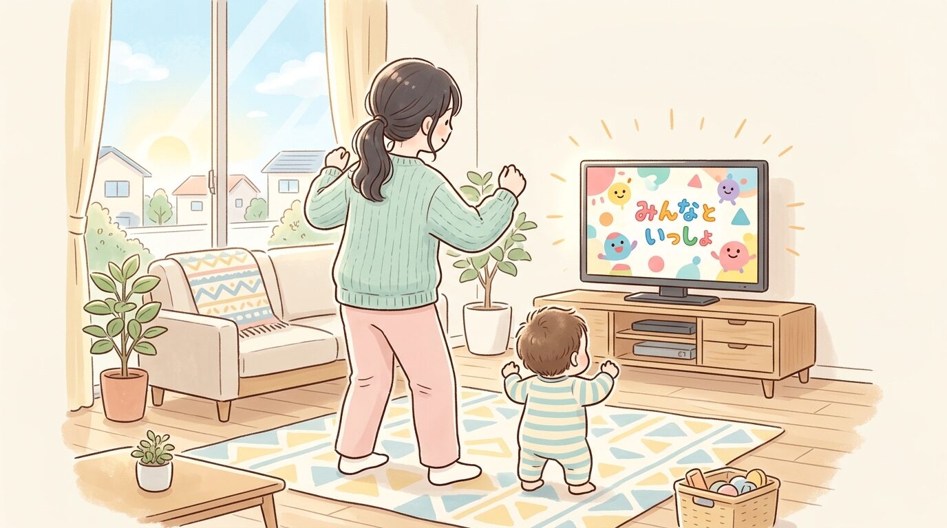 リビングで赤ちゃんと一緒にテレビ体操をする母親の後ろ姿、柔らかい朝の光が差し込む部屋