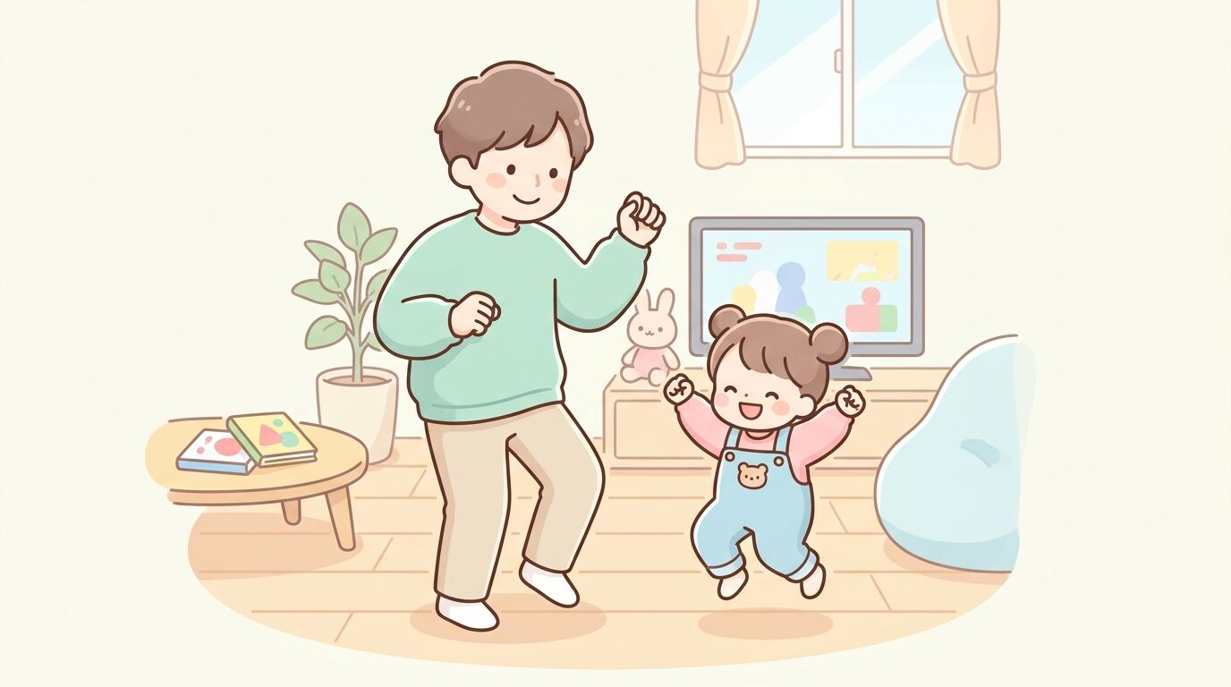 リビングでおかあさんといっしょの体操を親子で一緒に踊る2歳児と父親、明るい表情