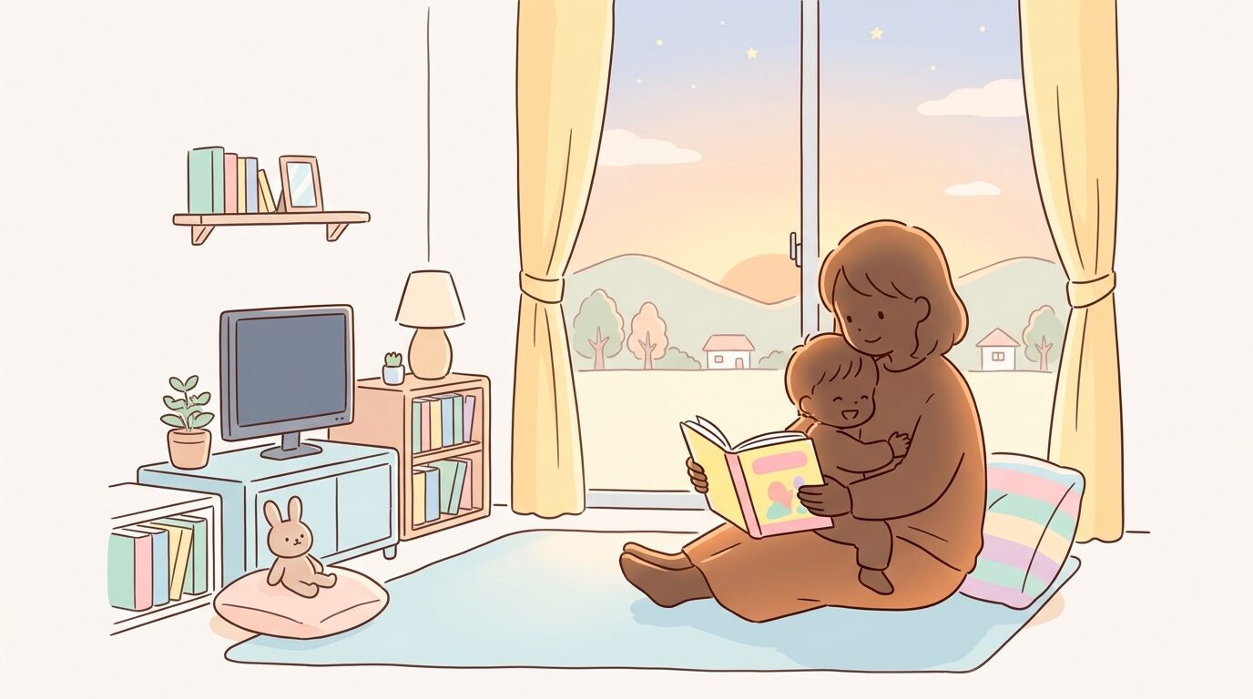 夕方の柔らかな光の中、絵本を読む親子のシルエット、テレビはオフになっている落ち着いた雰囲気