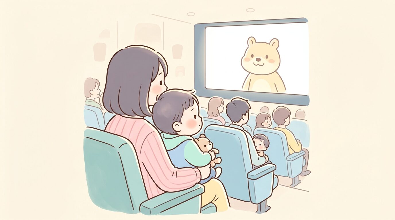 明るめの照明の映画館で親の膝に座り、スクリーンを興味深そうに見つめる1歳児の後ろ姿
