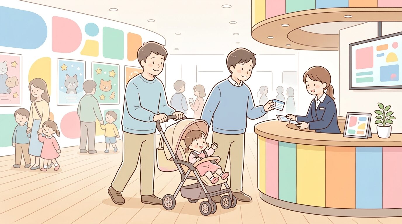 映画館のロビーでベビーカーを押しながらチケットを購入する父親と幼い子ども