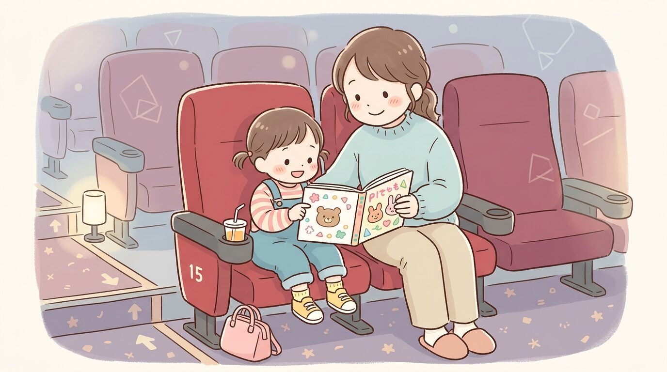 映画館の通路側の座席で、絵本を見ながら開演を待つ2歳くらいの女の子と母親