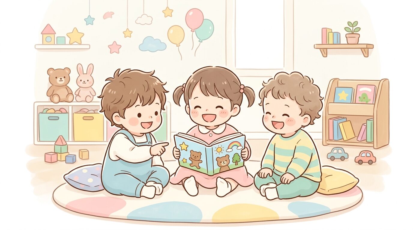 保育園の保育室で絵本を見ながら笑顔で遊ぶ2歳くらいの子どもたち