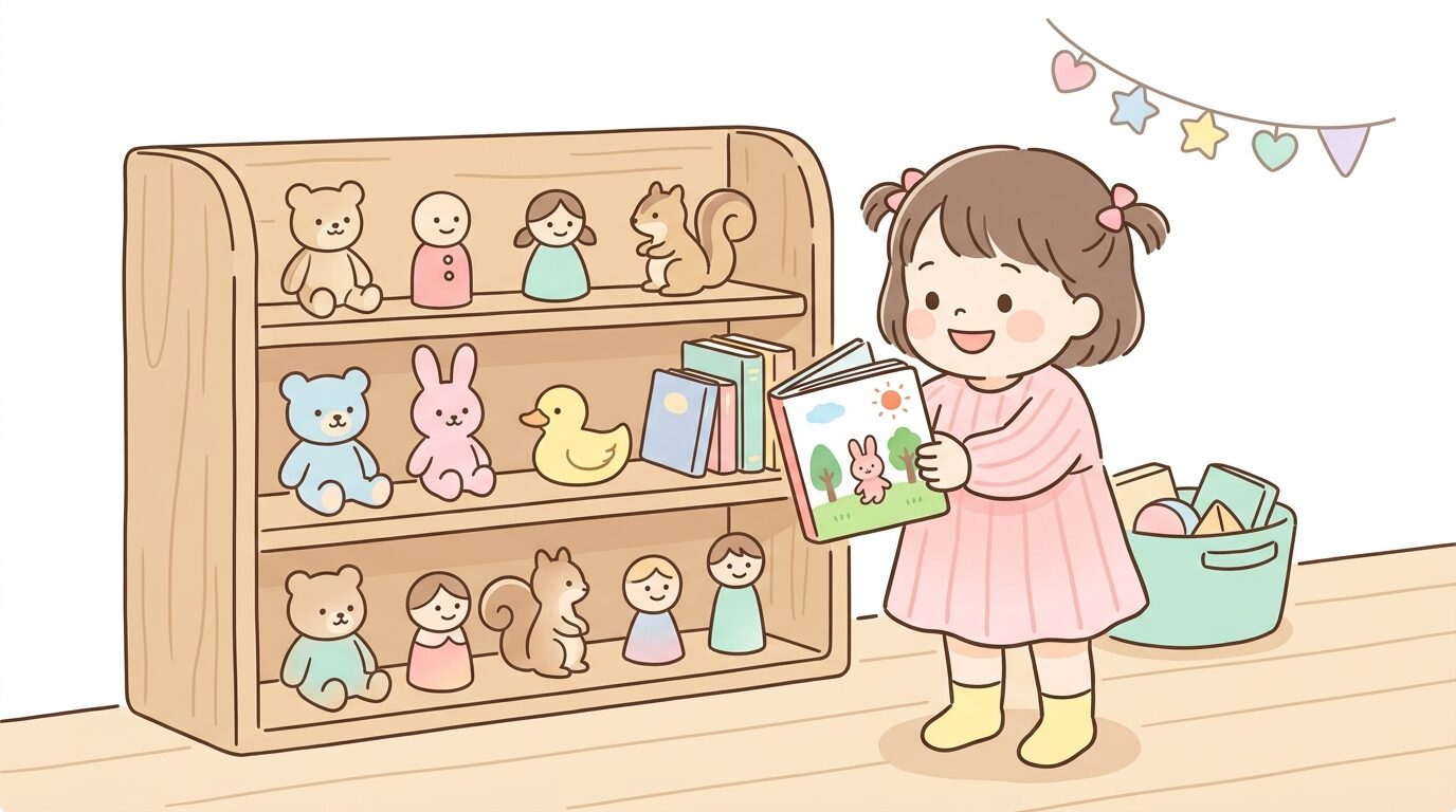 木製のキャラクターおもちゃが並ぶ棚の前で新しい絵本を手に取る3歳児
