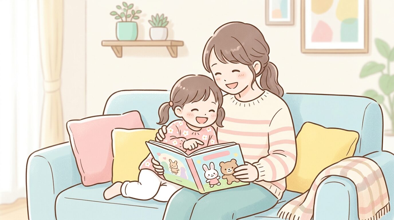リビングのソファで母親と一緒に新しいキャラクターの絵本を楽しそうに読む親子