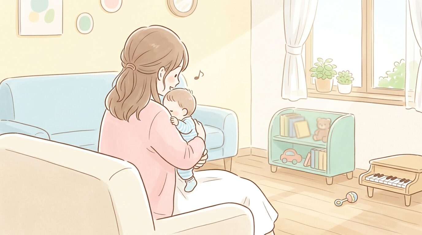 リビングで赤ちゃんを抱っこしながら優しく歌いかける母親の後ろ姿、柔らかい午後の光が差し込む部屋