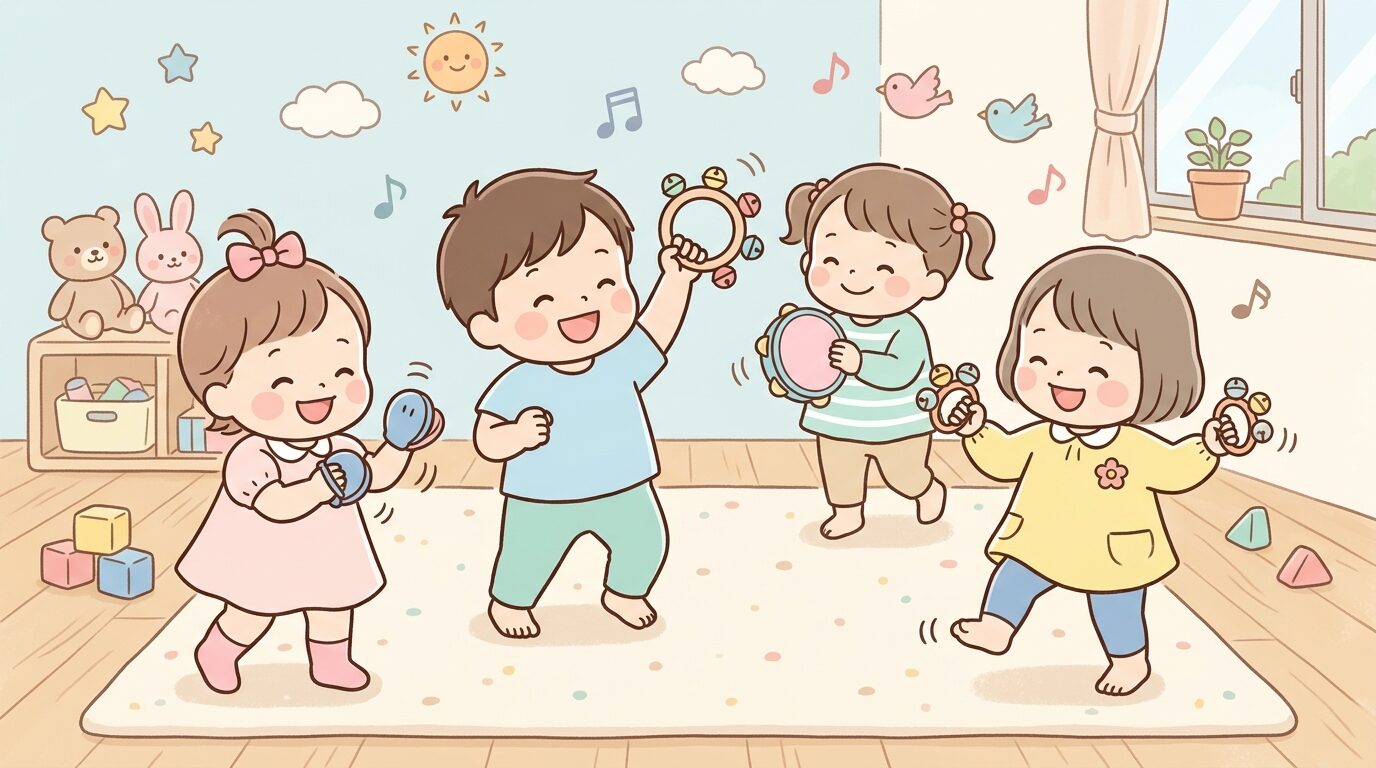 保育園の部屋でカスタネットや鈴を持って音楽に合わせて楽しそうに体を動かす1〜2歳の子どもたち