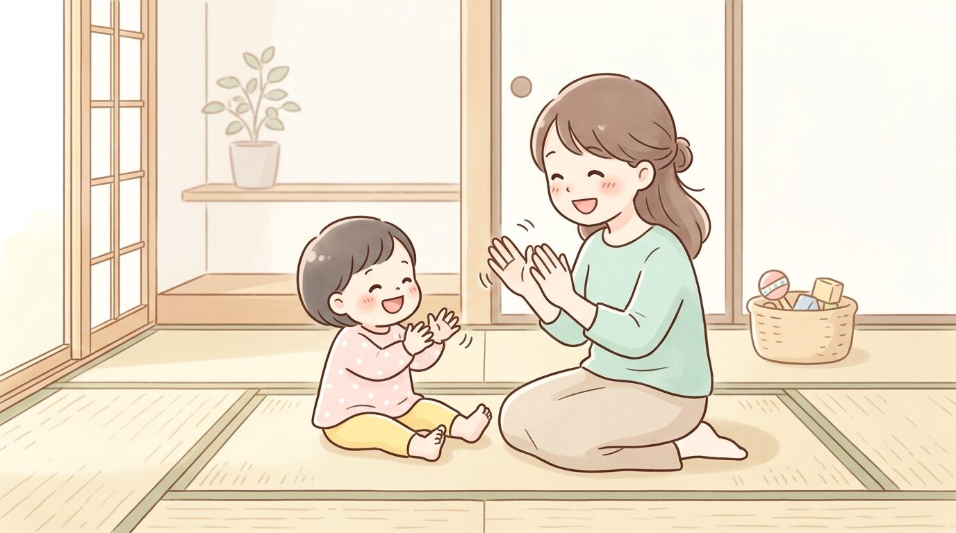 畳の上で親子が向かい合い、手遊び歌をしながら笑い合っている様子、あたたかい家庭の雰囲�気
