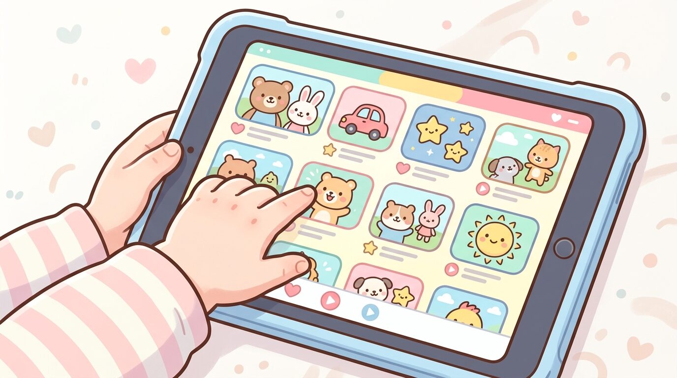 タブレットの画面に映るキッズ向けアニメ一覧を指でタッチする小さな子どもの手