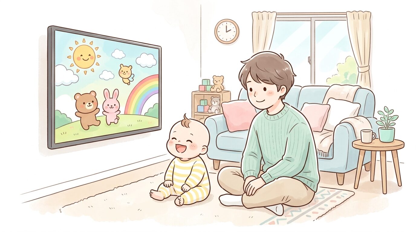 リビングの大きなテレビ画面でキッズ向けアニメを見て笑う0歳児と隣に座る父親