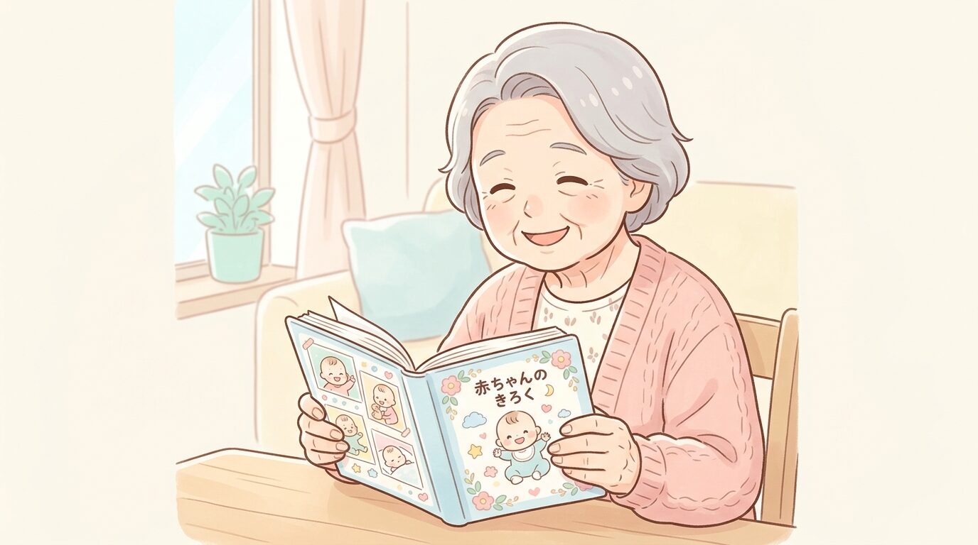 赤ちゃんの写真が入ったフォトブックを笑顔で見つめる高齢の女性の手元