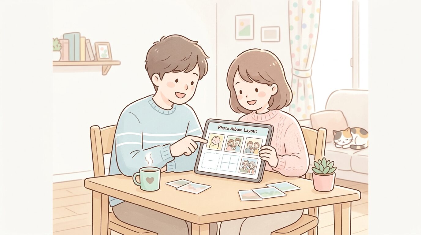 リビングのテーブルでフォトブックのレイアウトをタブレットで確認する夫婦