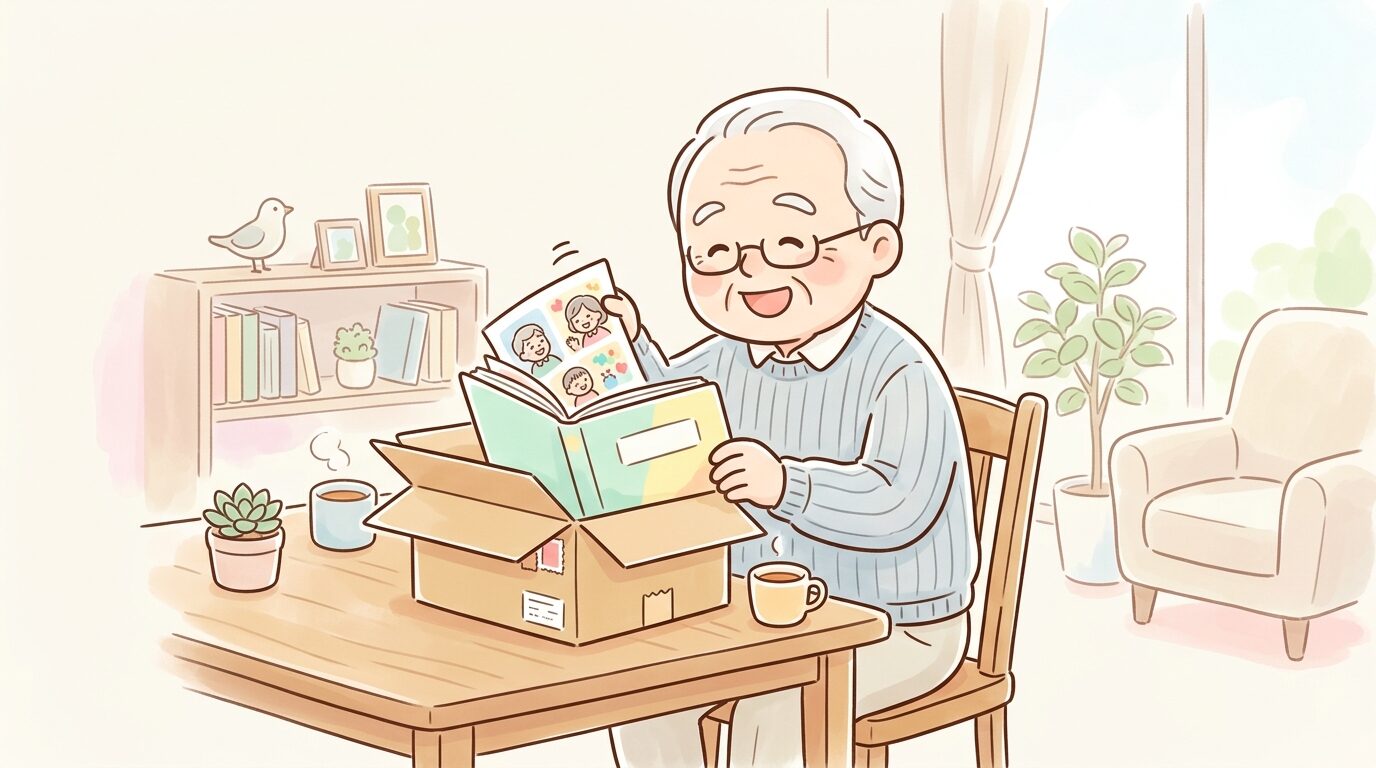 郵便で届いたフォトブックの箱を開けて驚く高齢の男性の様子